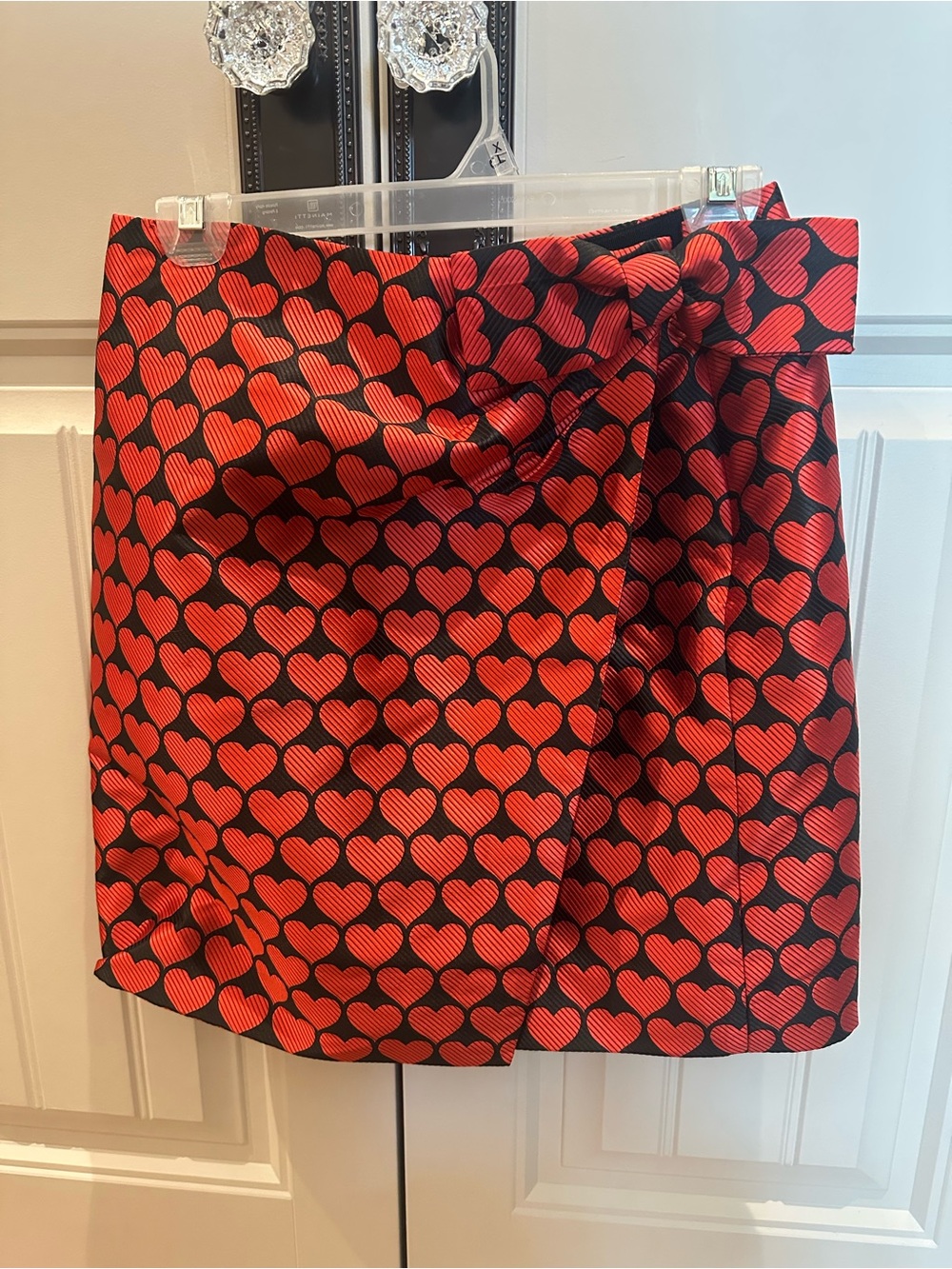 J. Crew Red and Black Heart-Print Wrap Mini Skirt with Bow Detail